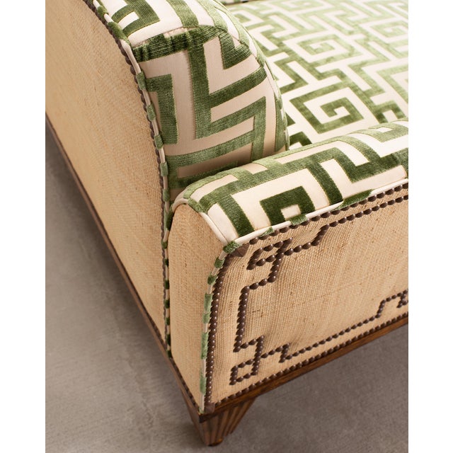 20th C. Art Deco Style Greek Key Velvet and Raffia Settee For Sale - Image 9 of 18