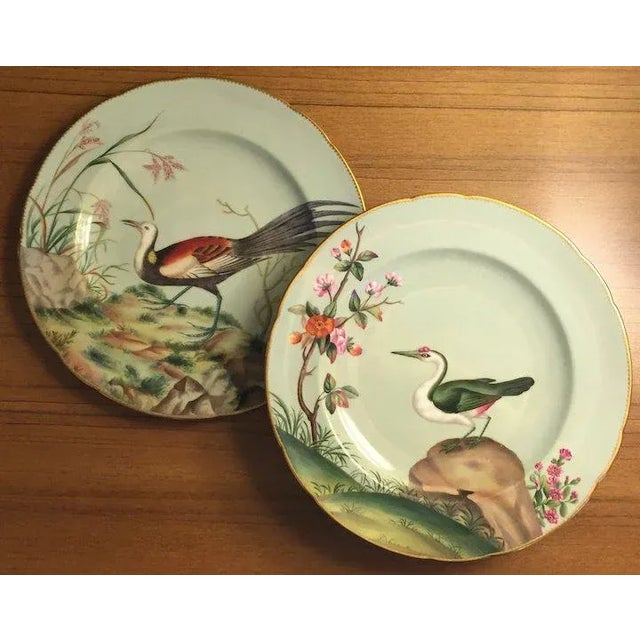 Pair Antique Mintons porcelain cabinet plates decorated with hand painted exotic birds in a fanciful landscape on a...