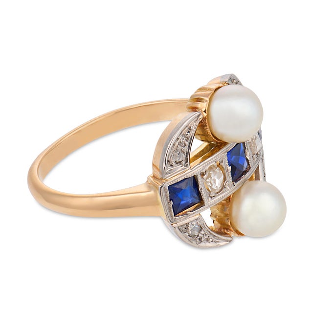 1910s Edwardian Pearl Diamond Sapphire Two Tone Dinner Ring, Size 6 For Sale - Image 4 of 7