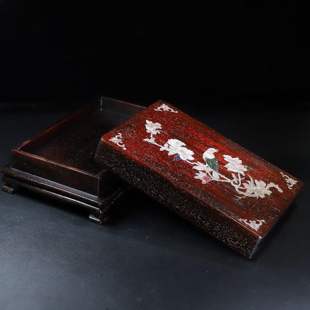 Late 20th Century Wooden Lidded Box With Mother-of-Pearl Bird and Floral Inlay For Sale In Los Angeles - Image 6 of 10
