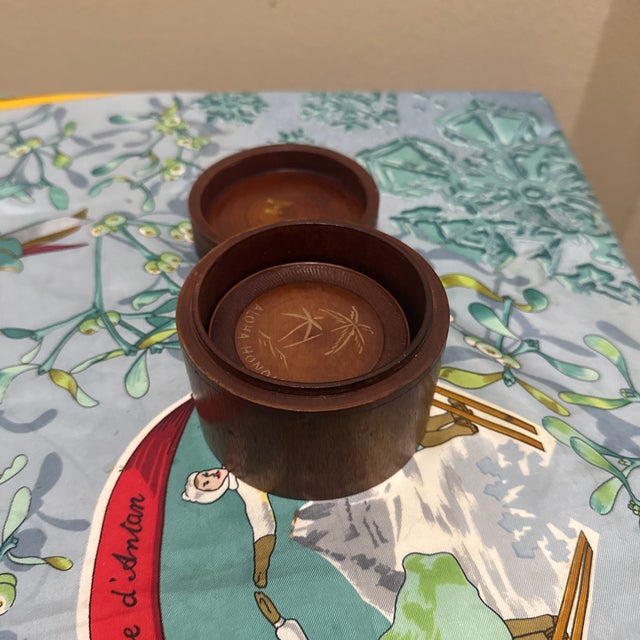 Vintage Hawaiian Carved Wood Coasters & Holder Set Aloha Honolulu Palm Tree Tiki - 8 pcs For Sale - Image 9 of 9