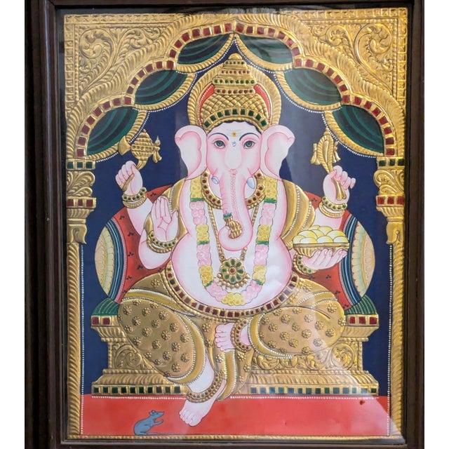 Indian Vintage Traditional Hindu Tanjore Painting: Lord Ganesha For Sale - Image 3 of 7