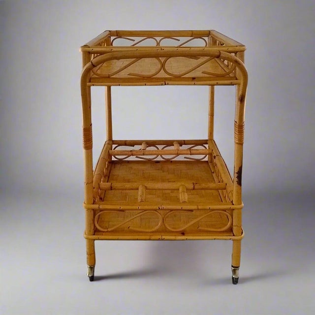 Wood Serving Bar Cart in Bamboo & Rattan from Franco Albini, Italy, 1960s For Sale - Image 7 of 10