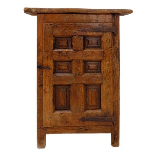 Early 19th Century Rustic Wooden Cabinet with Carved Panel Door and Iron Hardware, Spain For Sale