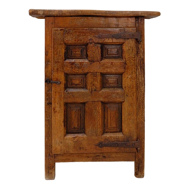 Early 19th Century Rustic Wooden Cabinet with Carved Panel Door and Iron Hardware, Spain For Sale