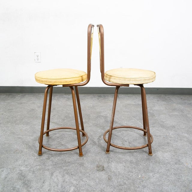 Mid Century Modern Bar Stools Set 2 Brown Swivel Wood American Vintage Tan MCM For Sale - Image 9 of 12