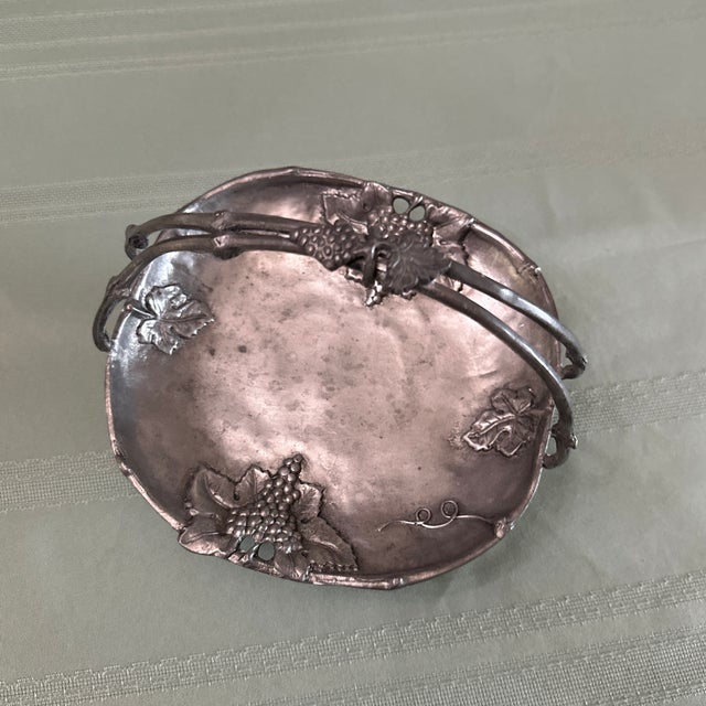 19th C. Nouveau Jugendstil Ornate Pewter Handled Basket Visiting Card Tray For Sale - Image 4 of 12