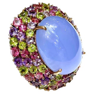 Bochic “Orient” Chalcedony & Multi Gem Cocktail Ring In 18K Gold & Silver, Size 5.5 For Sale