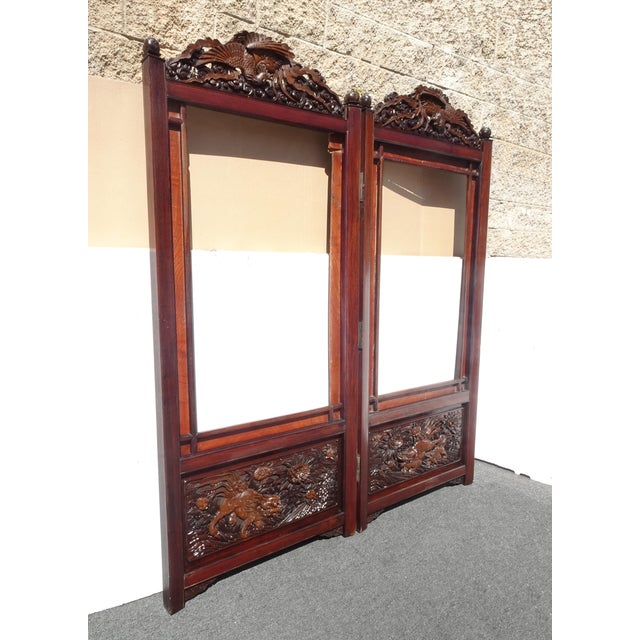Japanese Antique Japanese Shibayama Style Two Panel Folding Screen Intricate Carved Doors For Sale - Image 3 of 18