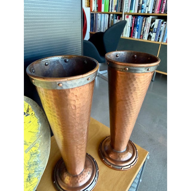 Antique Arts & Crafts Riveted Copper Trumpet Vases Pair Joseph Heinrichs Benedict Art Studio Attr. For Sale In Las Vegas - Image 6 of 14