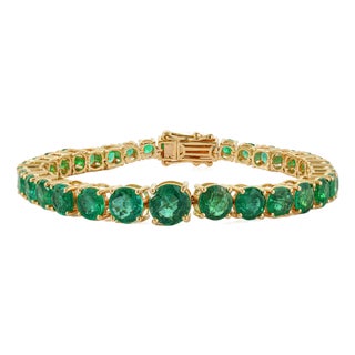 18k Yellow Gold 12.9ct Round Natural Emerald Art Deco Bracelet, 6 Inch by VRJewels For Sale