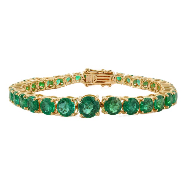 18k Yellow Gold 12.9ct Round Natural Emerald Art Deco Bracelet, 6 Inch by VRJewels For Sale