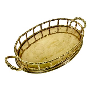 Mid-Century Hollywood Regency Coastal Boho Chic Oval Faux Bamboo Brass Tray, Mottahedeh Attributed For Sale