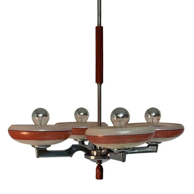 Art Deco Frosted Glass, Bakelite and Chromed Metal 4-Light Chandelier, Former Czechoslovakia, 1930s For Sale - Image 3 of 11