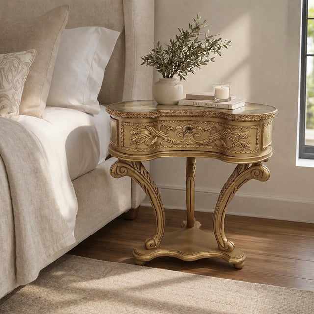 Hollywood Regency Ornate Gilt Kidney Side Table With Drawer and Églomisé-Style Top For Sale In Chicago - Image 6 of 14
