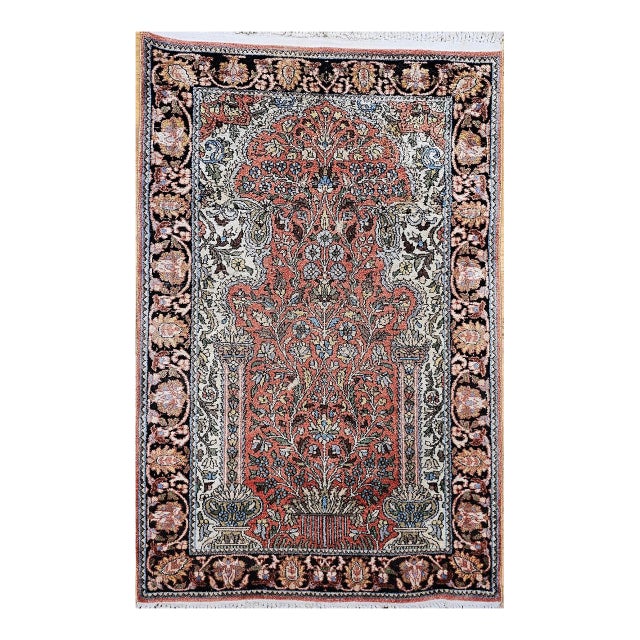 Vintage Turkish Silk Pictorial Rug, Tree of Life Design, Hand-Knotted, 3' x 4' For Sale