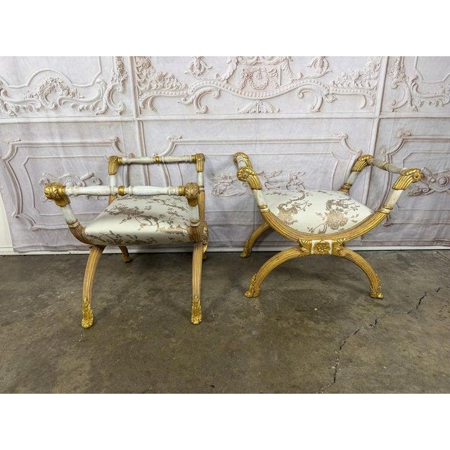 Pair of Italian Neoclassical Curule Stools W/ Fortuny Upholstery For Sale - Image 12 of 17