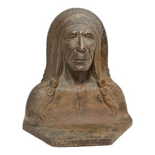Antique Elaborately Cast Native American Indian Chief Cast Iron Doorstop Statue For Sale