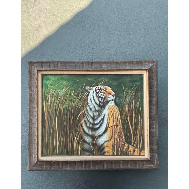Orange Vintage Aboriginal Oil Painting of Tiger For Sale - Image 8 of 12