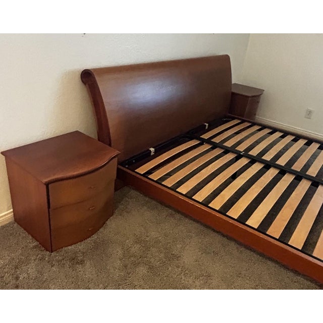 Modern Vintage Dania Cherry Wood California King Sleigh Bed With Nightstands For Sale - Image 3 of 6
