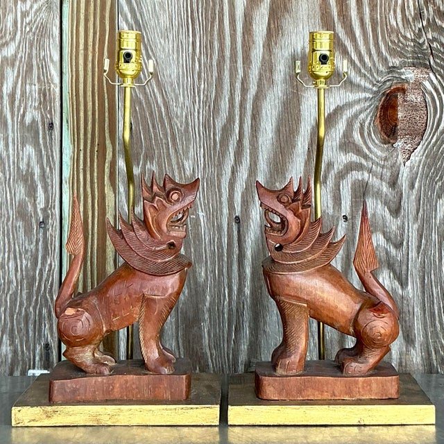 Late 20th Century Vintage Boho Carved Wood Lion Lamps - a Pair For Sale - Image 5 of 7