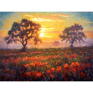 Field of Memories by Christopher Clark | Oil on canvas Landscape with poppies and trees at sunset For Sale