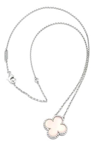 Authentic! Van Cleef & Arpels Alhambra 18k White Gold Pink Opal Necklace Cert.