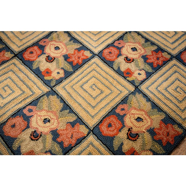 Late 19th Century 1880s Rustic Blue Ground Modern Geometric Folk Art Antique American Hooked Rug For Sale - Image 5 of 9