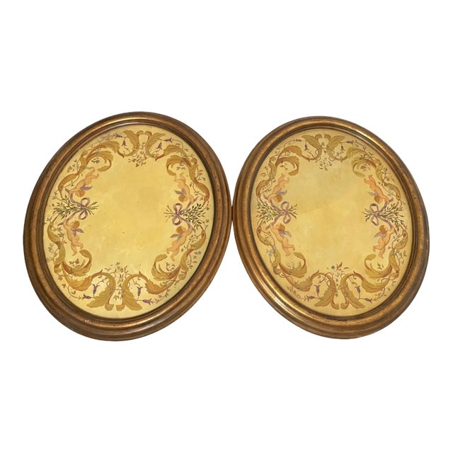 Pair of 2 Large Vintage Oval Original Hand Painted Oil Painting Cherub Frescos For Sale