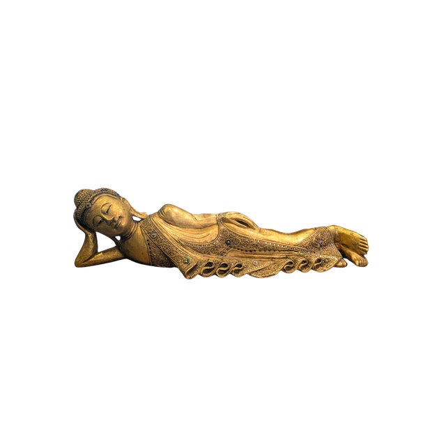 1930s-1940s Hand-Carved Giltwood Burmese Reclining Buddha For Sale - Image 11 of 11