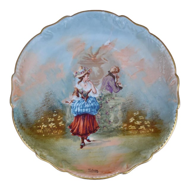 Antique LRL Limoges France Hand Painted Plate Courting Couple Signed Valentin For Sale