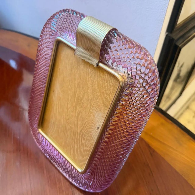 Mid-Century Modern 1990s Barovier Style Art Deco Pink Murano Glass and Brass Picture Frame For Sale - Image 3 of 12