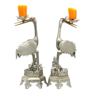 Pair Chinese Mixed-Metal Pewter Crane Sculptures Candlesticks For Sale