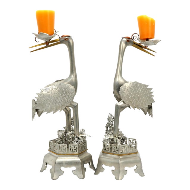Pair Chinese Mixed-Metal Pewter Crane Sculptures Candlesticks For Sale