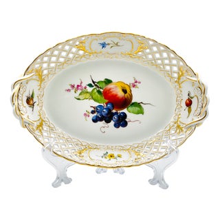 Hand-Painted Lattice Border Two-Handled Porcelain Tray from Meissen Porcelain, 1950s For Sale
