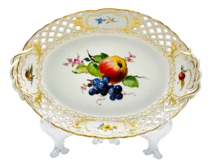 Hand-Painted Lattice Border Two-Handled Porcelain Tray from Meissen Porcelain, 1950s