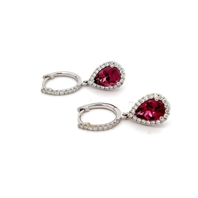Diamond Rubellite Tourmaline Drop Earrings 18k W Gold 2.93 TCW Certified For Sale - Image 12 of 12