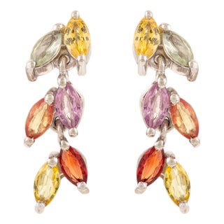 Art Nouveau Inspired Solid Silver Multi Sapphire Dangling Earrings- A Pair For Sale