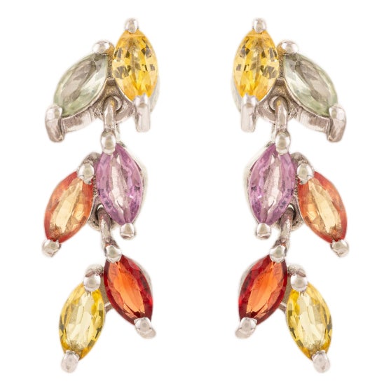 Art Nouveau Inspired Solid Silver Multi Sapphire Dangling Earrings- A Pair For Sale