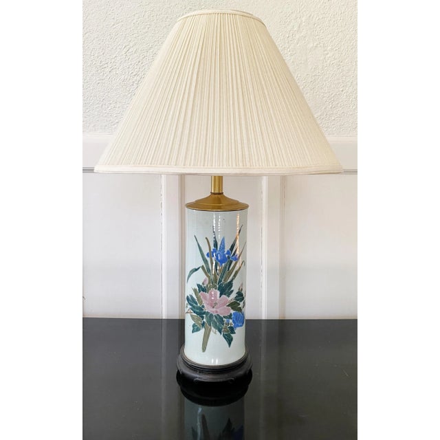 Vintage Mid-Century Hand-Painted Ceramic and Brass Floral Lamp For Sale - Image 13 of 13