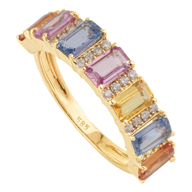 2.03 Carat Rainbow Sapphire & Diamond 14k Gold Band Ring Size 4 For Sale