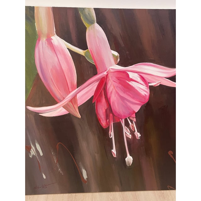 Painting by Melissa mailer-Yates. 36” width by 36” in height. Paint of a fuchsia flower. Depth from wall is 1 1/2”. There...