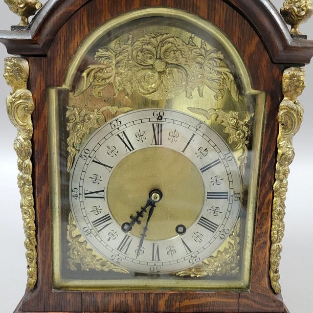 Antique French Tiger Oak Bracket Mantel Clock With Ormolu Caryatids & Pineapple Finials For Sale In Raleigh - Image 6 of 13