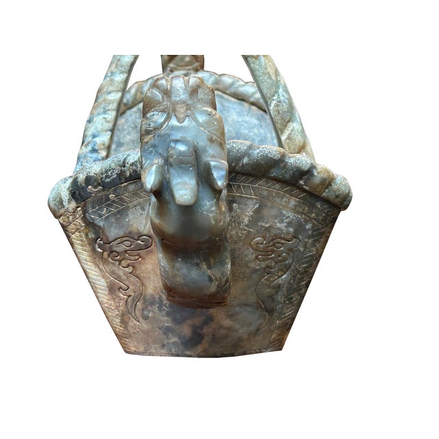 Chinese Stone Carved Basket With Mythical Beasts, Archaic Motifs , Braided Handle For Sale - Image 10 of 12