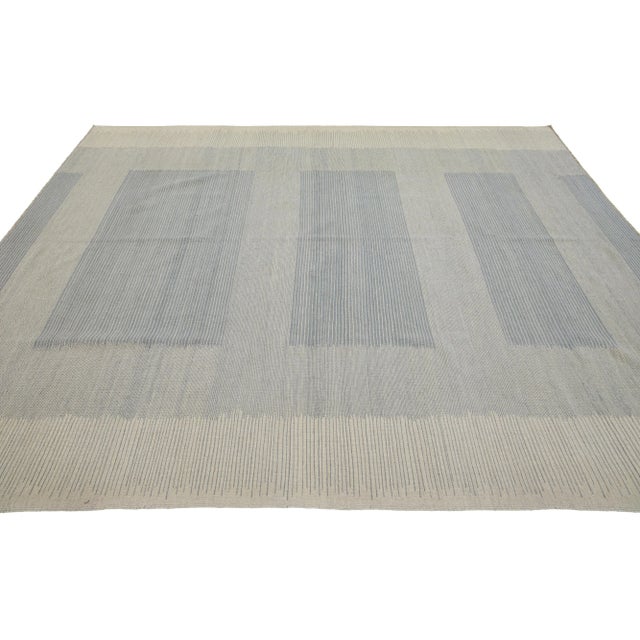 2010s Modern Kilim Flaweave Wool Rug With Geometric in Beige and Gray For Sale - Image 5 of 11