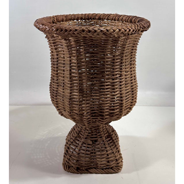 Wood 1970’s Woven Wicker Urn Shaped Tall Cachepot/Planter, Quatrefoil Base For Sale - Image 7 of 10