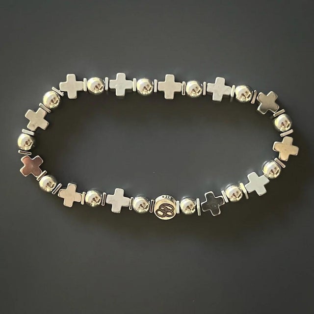 Cross Beaded Silver Hematite Stone Men Bracelet For Sale - Image 4 of 6