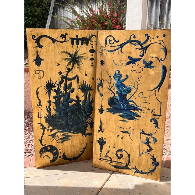 Pair of Hand Painted Blue Chinoiserie Chic Wall Hanging Giltwood Panels For Sale In Palm Springs - Image 6 of 16