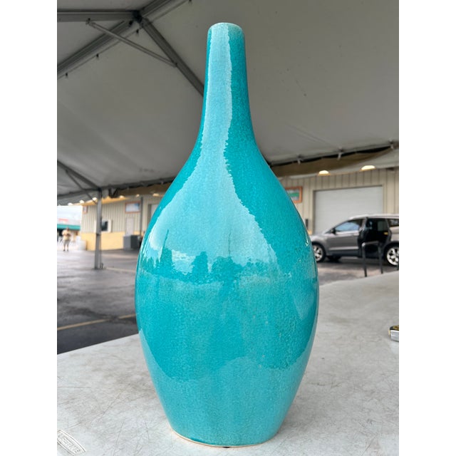Mid-Century Modern Mid-Century Style Large Turquoise Ceramic Long-Neck Tear-Drop Vase For Sale - Image 3 of 7