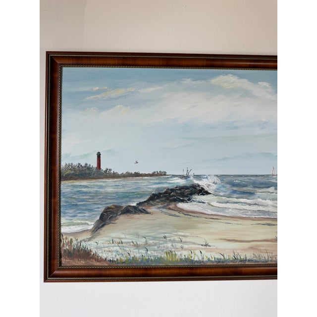 1990s Vintage Cosman Coastal Lighthouse Impressionist Oil Painting on Masonite Board – Framed For Sale - Image 5 of 18